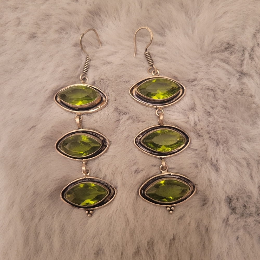 Three Marquise Light Green Gemstones Drop Earrings - Picture 2 of 6